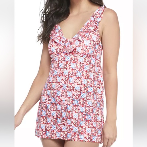 Kim Rogers Women's Painted Tile V-Neck Ruffle Swimdress One Piece Swimsuit XL - Picture 1 of 9